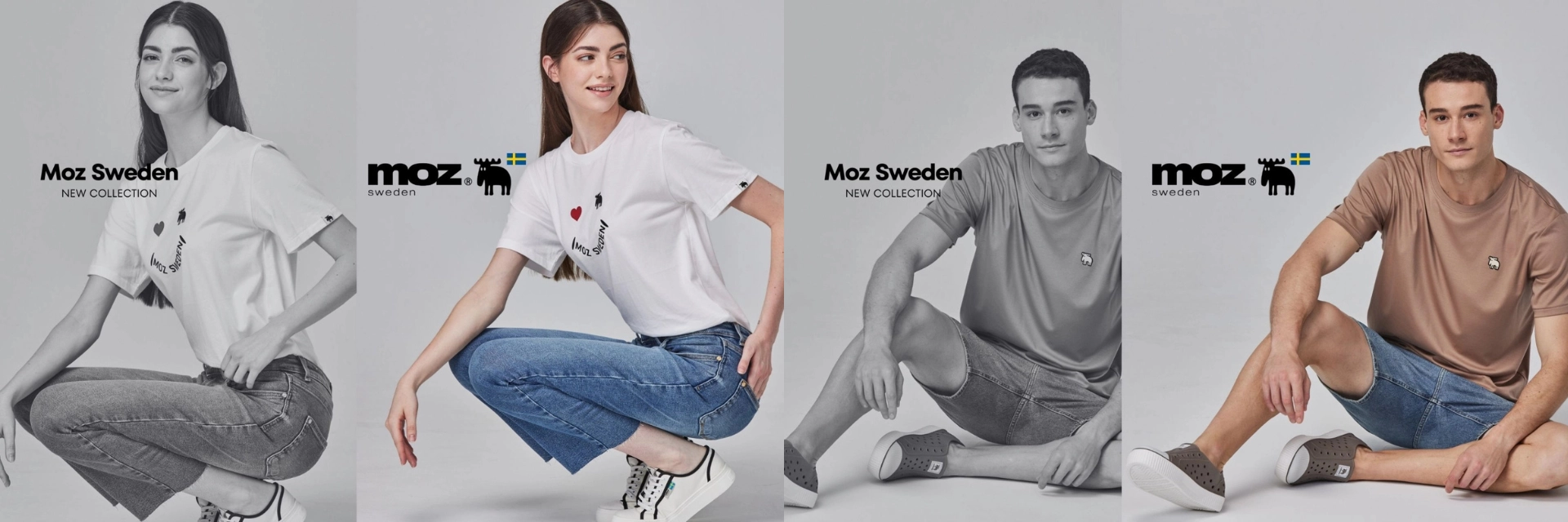 MOZ瑞典品牌男女穿搭形象照，簡約北歐風格T-shirt與洞洞鞋，展現質感生活