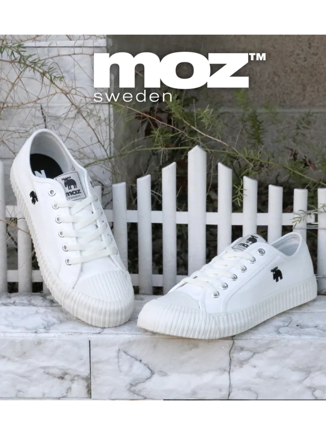 moz瑞典【男女款】駝鹿綁帶式帆布餅乾鞋-經典白