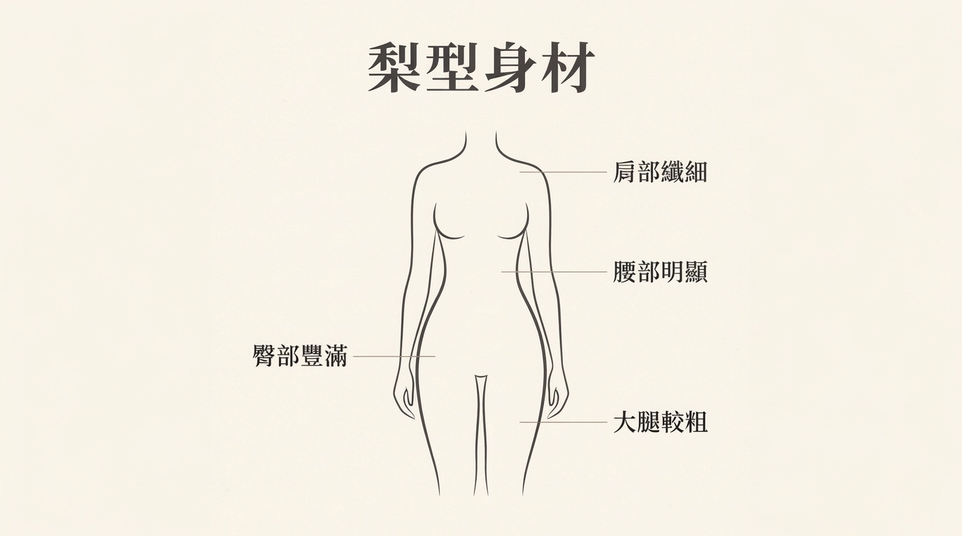 梨型身材定義  上半身偏窄、下半身偏寬  肩膀比臀部窄，脂肪主要分布在臀部、大腿和腰腹  腰通常不算粗，但因為臀胯明顯比肩膀寬，整體看起來重心在下半身