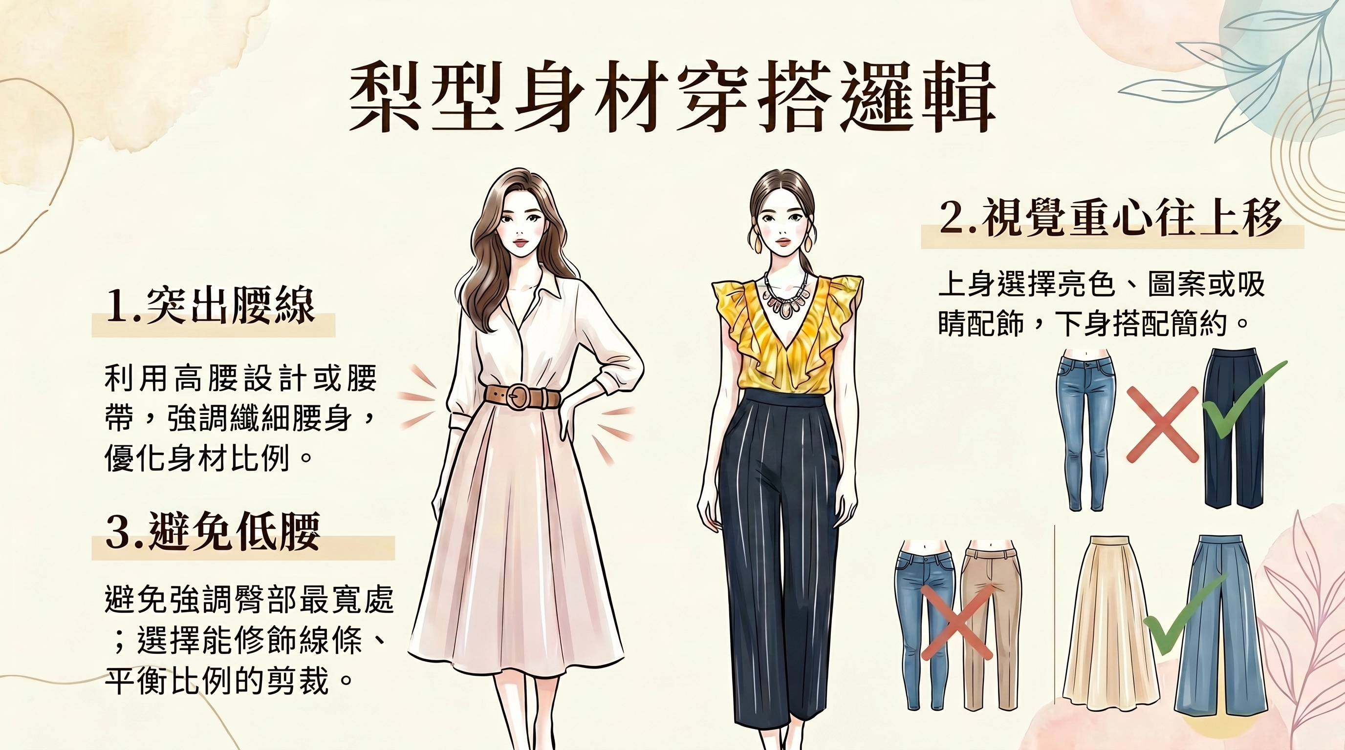 梨型身材的穿搭邏輯： 1.突出腰線 2.視覺重心往上移 3.不要穿低腰或緊身下身