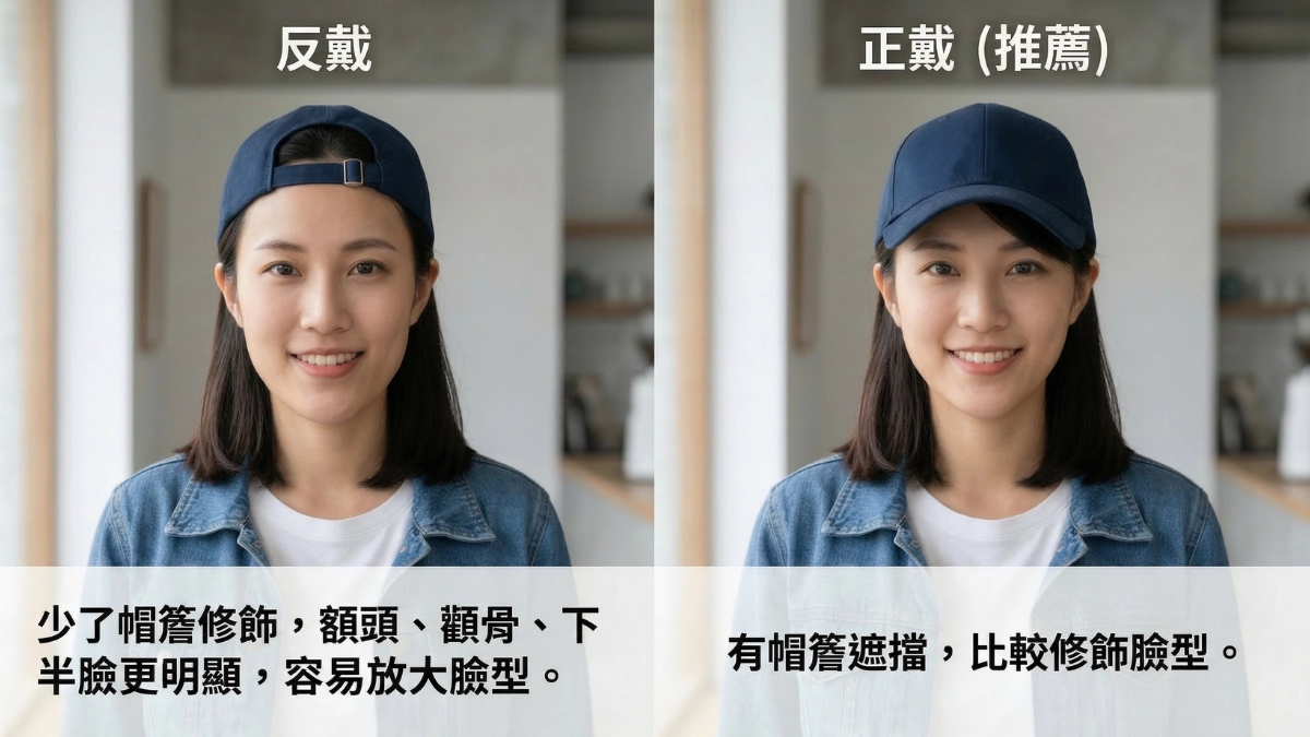 反戴不一定比較時髦，臉型不對反而更顯大