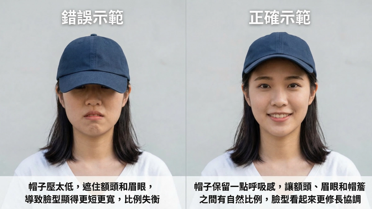 帽子壓太低不會顯瘦，留一點額頭空間更剛好