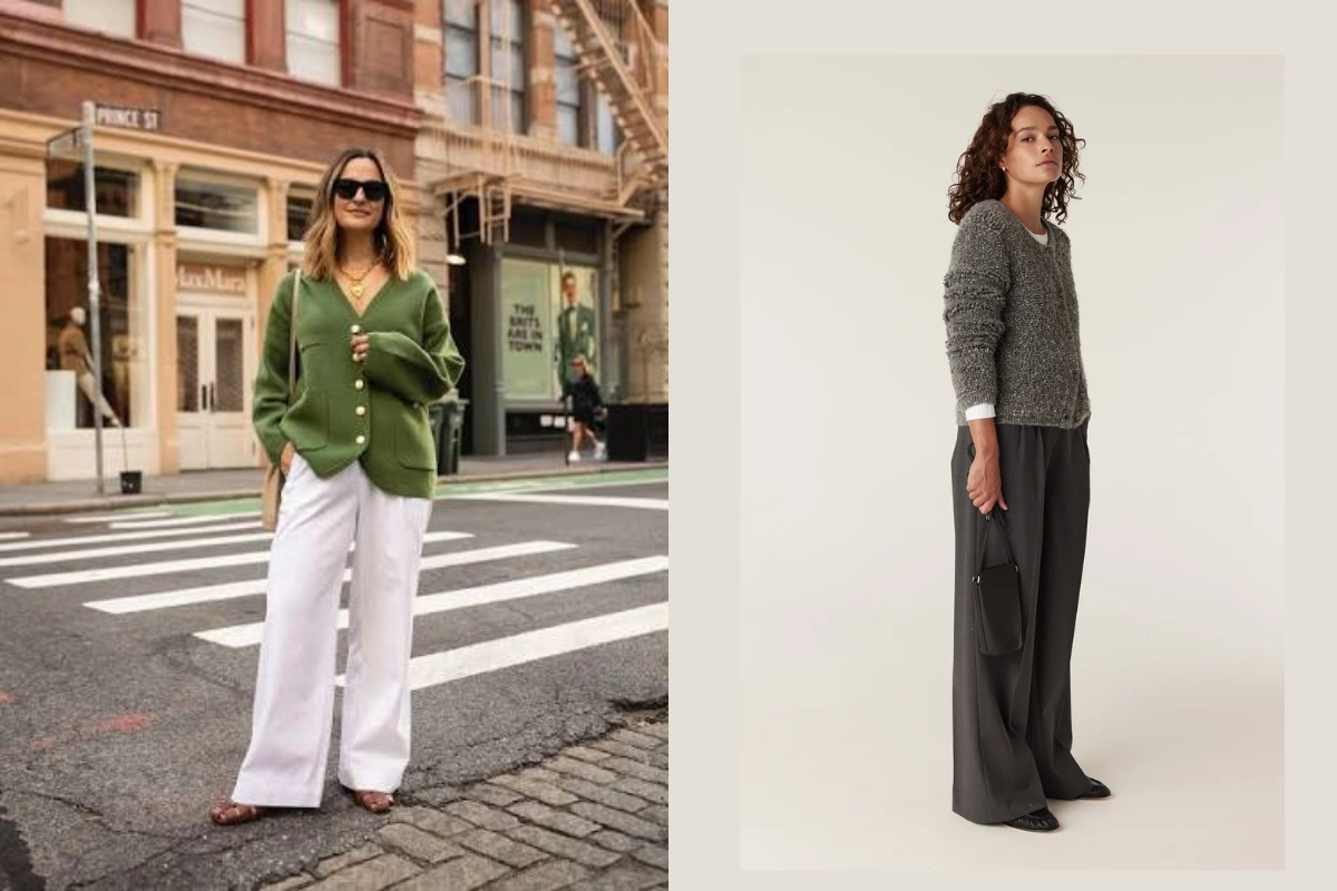 A knit cardigan paired with wide-leg trousers is the most practical outfit for autumn