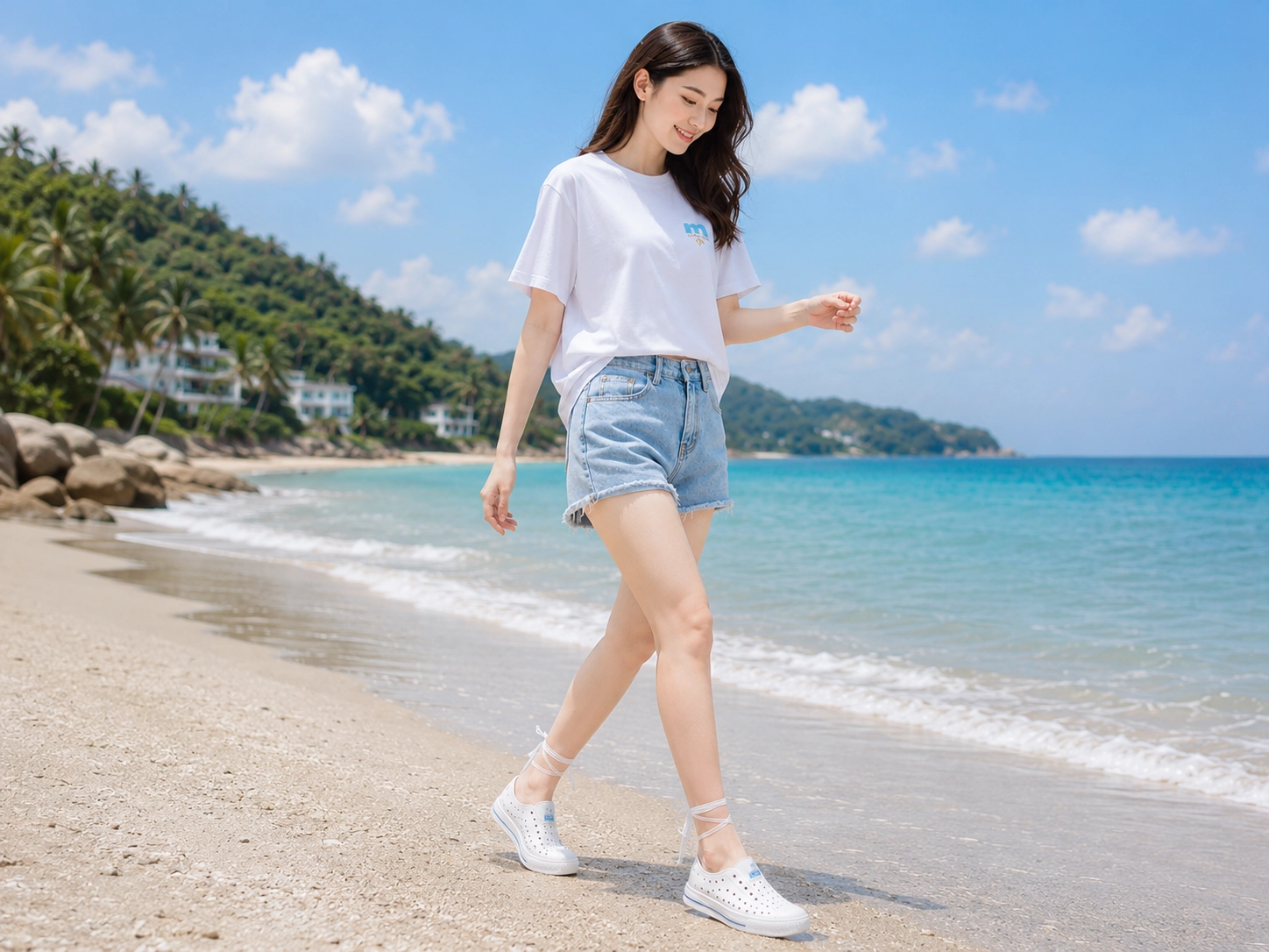 海邊穿搭簡單輕便才是王道， moz 的洞洞鞋跟涼感衣非常推薦