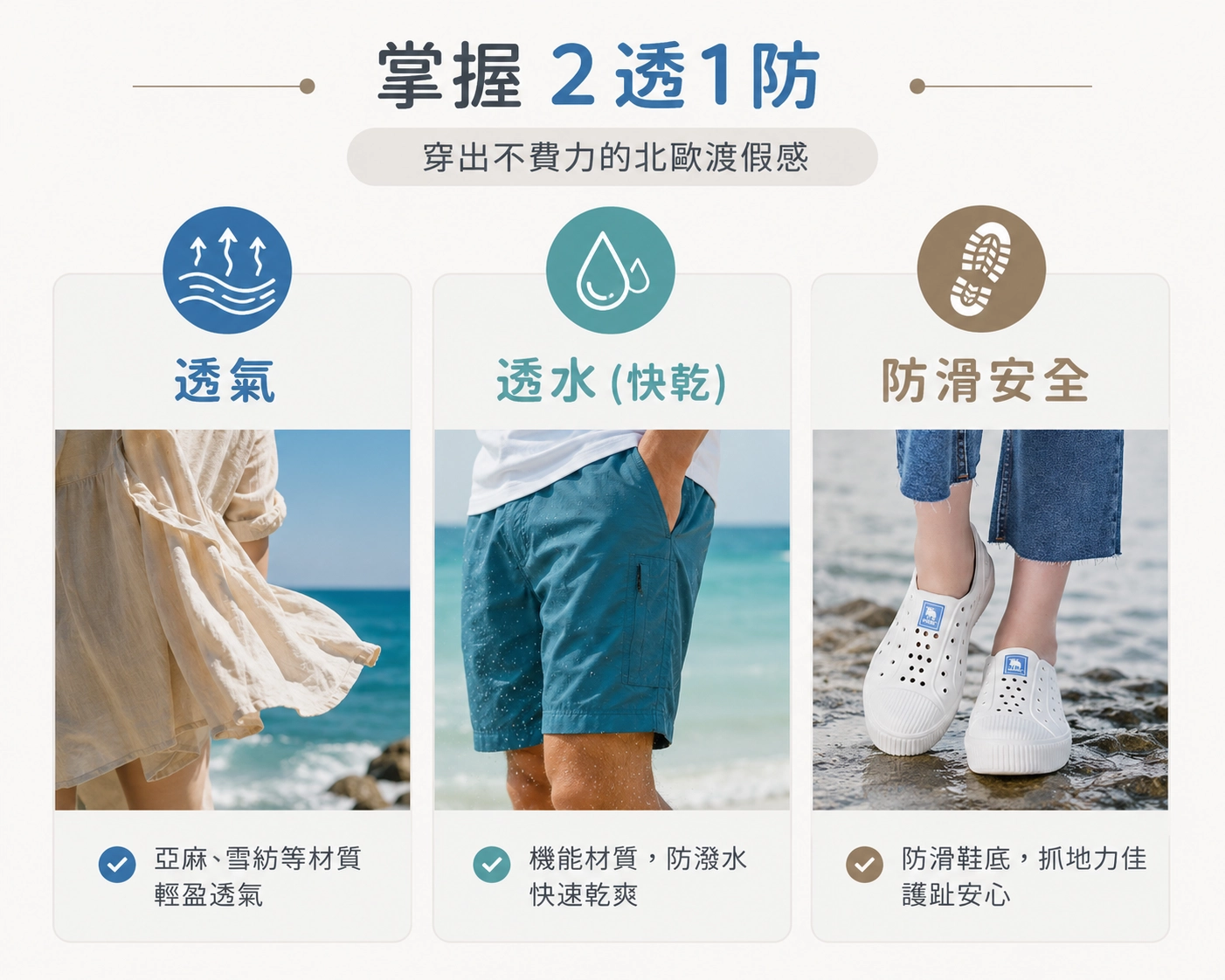 海邊穿搭注重透氣、快乾、安全