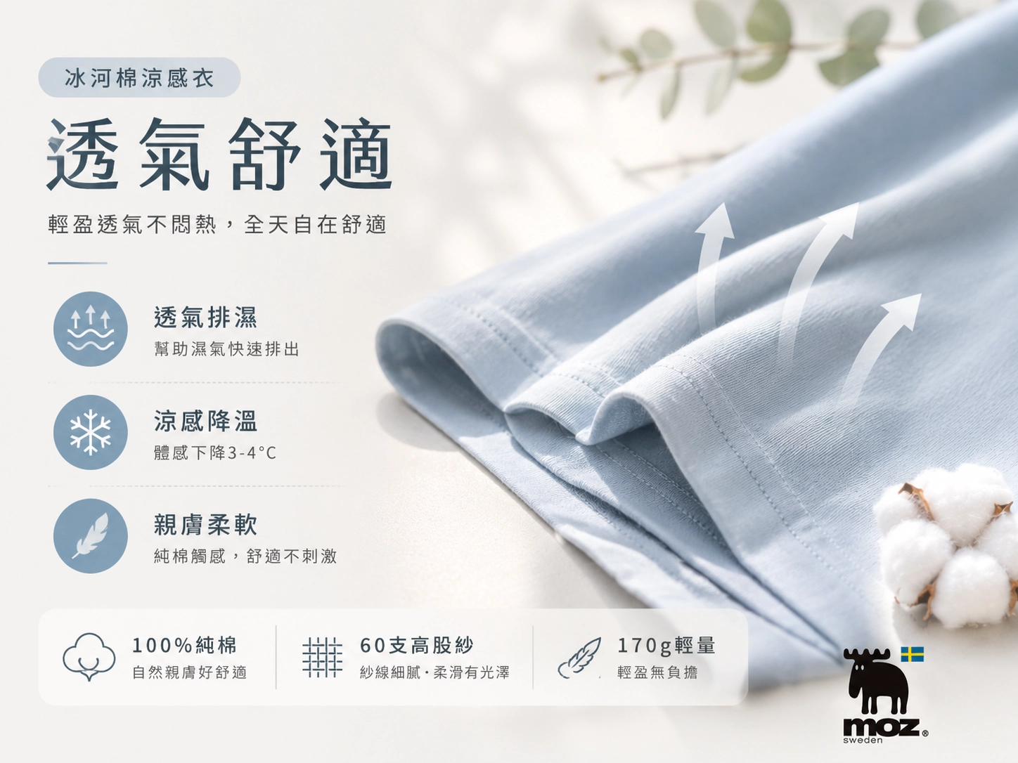 MOZ冰河棉涼感衣,透氣排濕、親膚柔軟,夏季穿著舒適乾爽