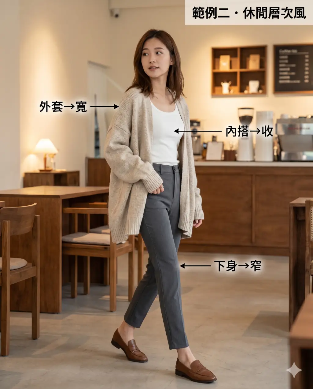 oversize穿搭女生範例二：針織外套層次搭配休閒有型