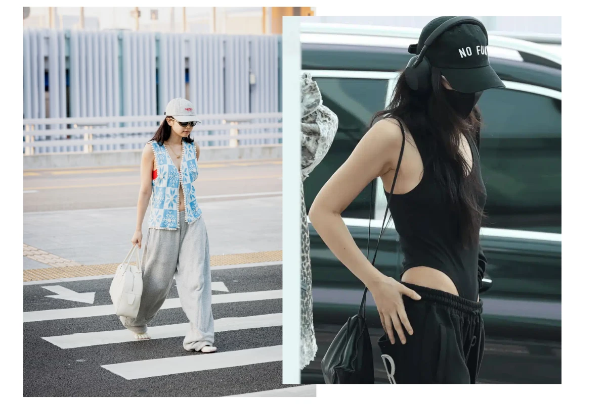 Jennie 機場穿搭招牌五趾鞋與棉褲