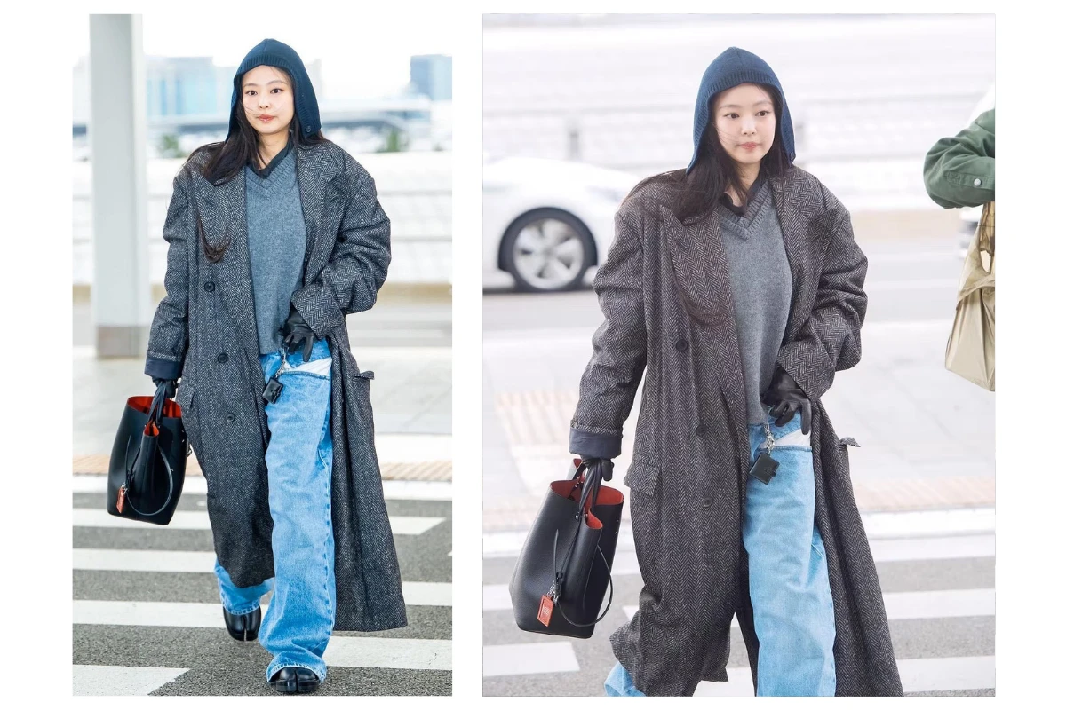 Jennie 機場穿搭灰大衣 + 寬鬆長褲