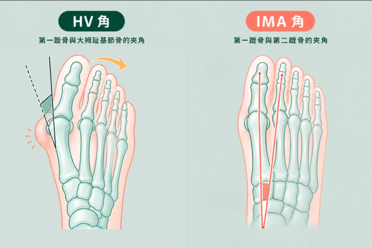 拇趾外翻判斷標準：HV 角、 IMA 角