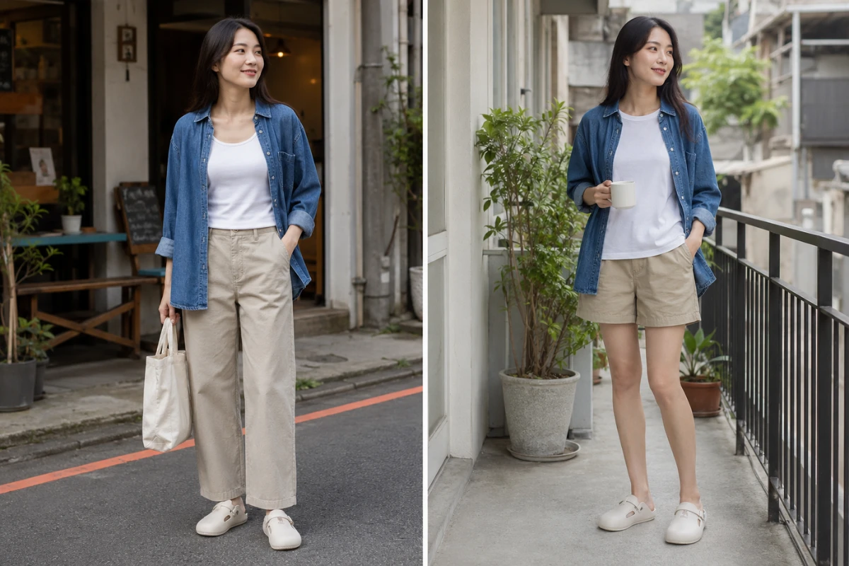 女生休閒襯衫穿搭:牛仔襯衫外套+背心、素 T