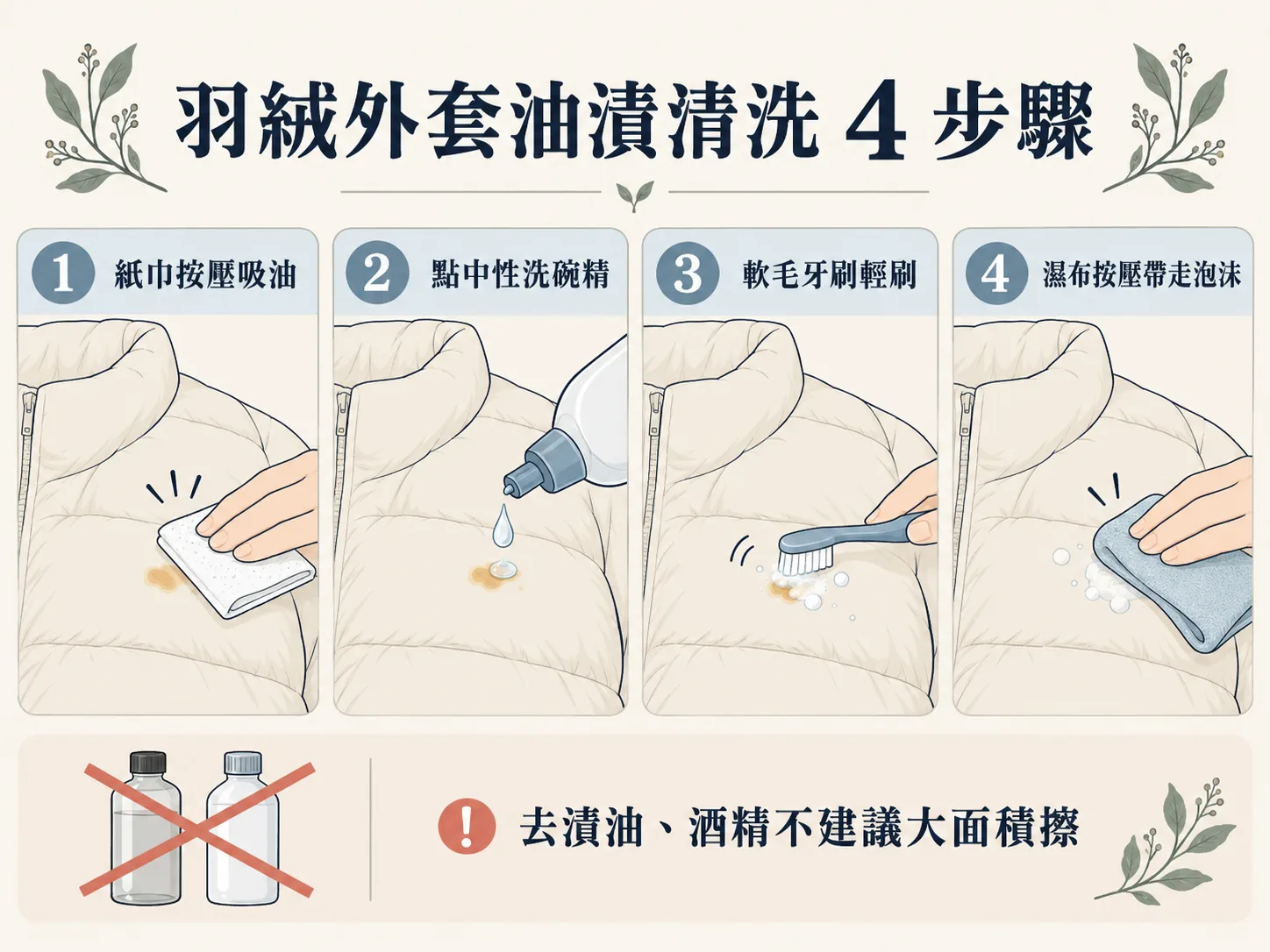 羽絨外套油漬清洗:沾到油先吸、再點洗
