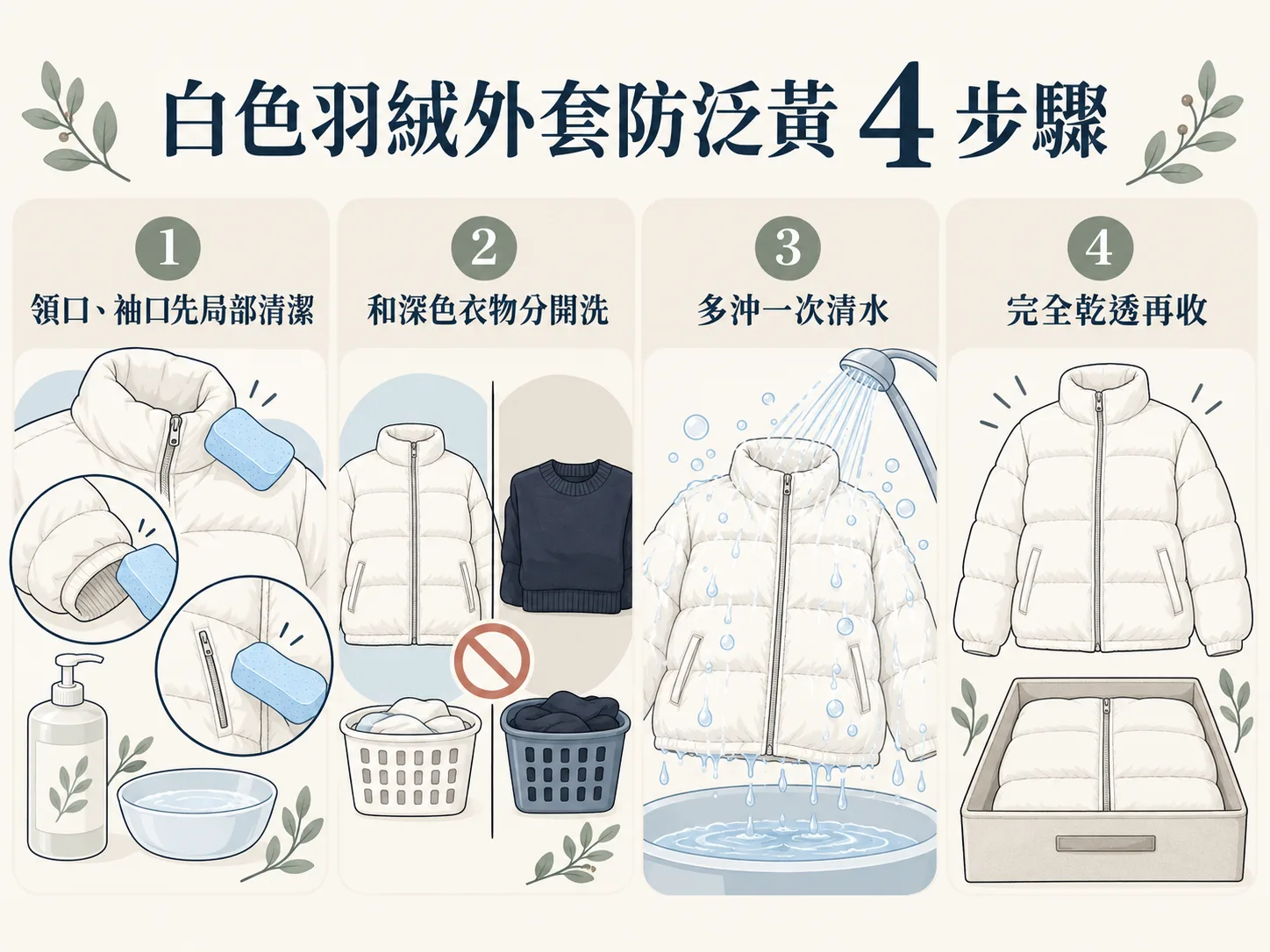 白色羽絨外套:領口泛黃先局部處理